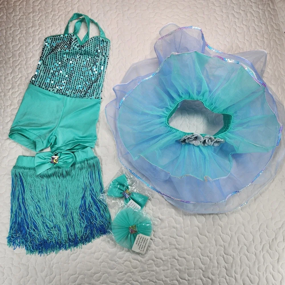 XSC Girls Weissman Dance Costume SET Teal Blue Fringe Tutu Leotard NEW $90